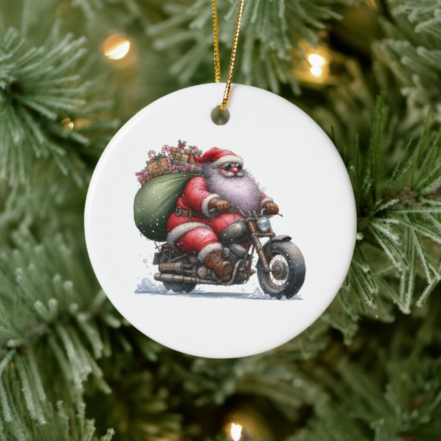 Cool Santa on a Motorcycle Customized Ceramic Ornament (Tree)