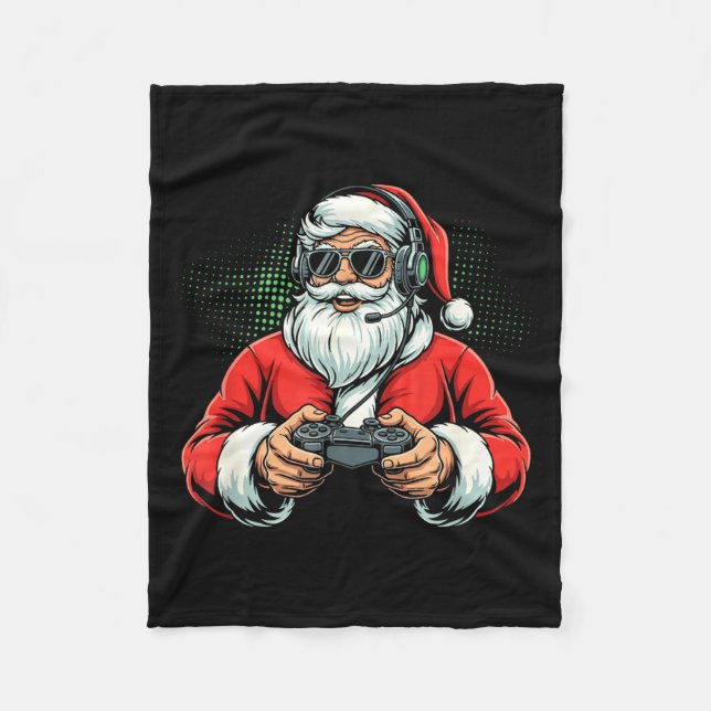 Cool Santa Playing Video Games Christmas Gamer Boy Fleece Blanket (Front)