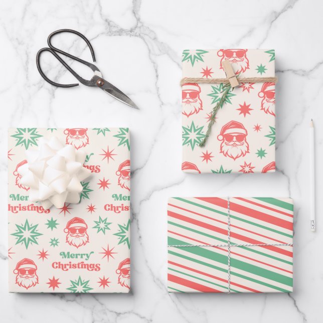 Cool Santa retro Merry Christmas pale red green Wrapping Paper Sheet (Front)