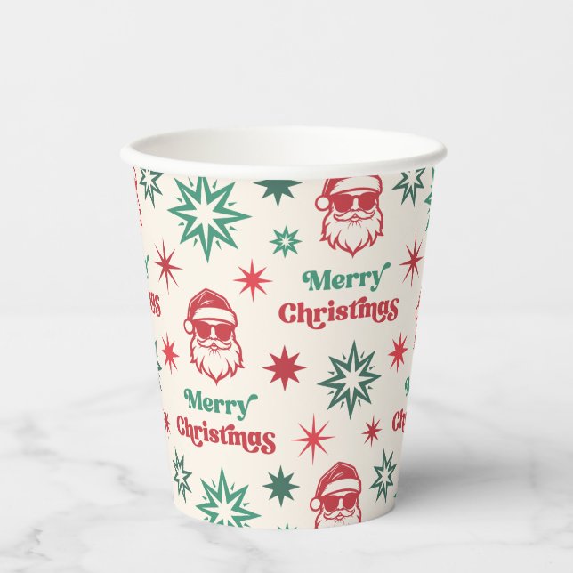 Cool Santa retro Merry Christmas party red green Paper Cups (Front)