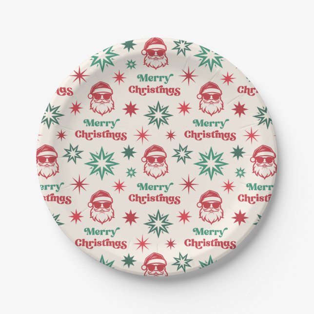 Cool Santa retro Merry Christmas party red green Paper Plate (Front)