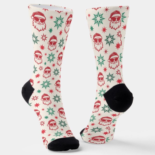 Cool Santa retro pale red green cream Christmas Socks (Angled)