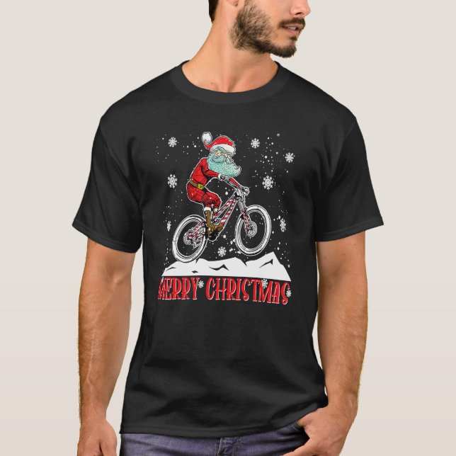 Cool Santa Riding Bicycle Merry Christmas Mountain T-Shirt (Front)