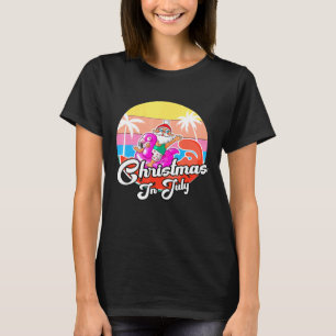 Cool Santa Riding Pink Flamingo Christmas In July T-Shirt