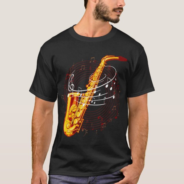 Cool Saxophone For Jazz Music Notes Musician Sax T-Shirt (Front)
