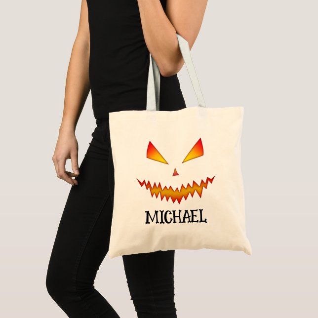 Cool scary Jack O'Lantern face Halloween Your name Tote Bag (Front (Product))