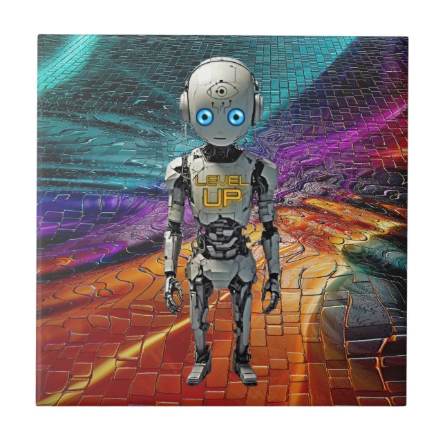 Cool Sci Fi Level Up Robot Ceramic Tile  (Front)