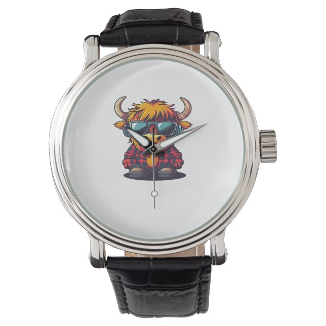 Cool Scottish Highland Cow Classic T-Shirt Watch (Front)