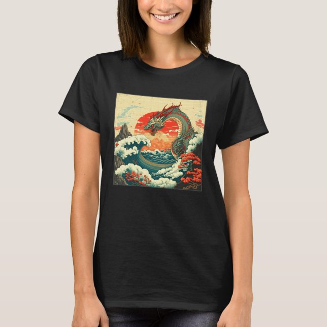 Cool Sea Dragon Illustration Ocean Waves Sunset Wo T-Shirt (Front)