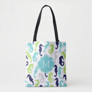 Cool Sea Horse Pattern Monogrammed Tote Bag