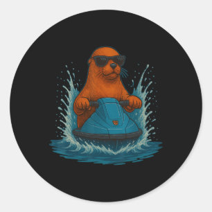 Cool Sea Lion With Sungles Jet Ski Rider Summer Vi Classic Round Sticker