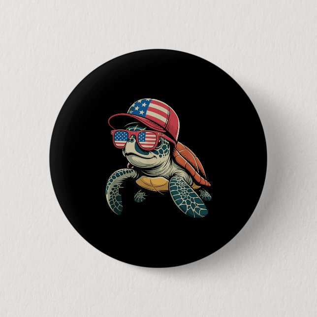 Cool Sea Turtle Usa Flag Sungles Independence 4th  2 Inch Round Button (Front)