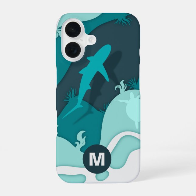 Cool Shark Abstract Art Monogram iPhone 16 Case (Back)