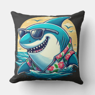 Cool Shark in Hawaiian Shirt - Summer Beach Vibes Throw Pillow