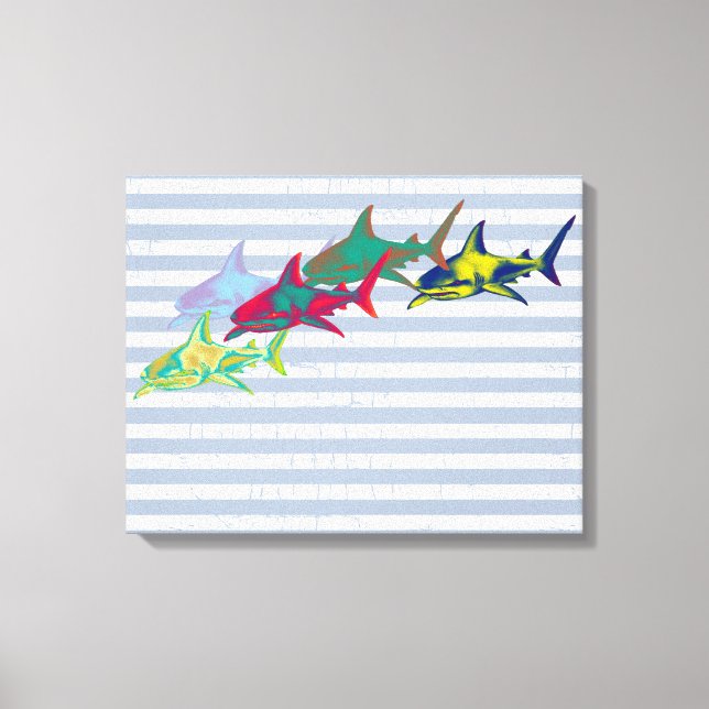 cool shark on white stripes canvas print (Front)