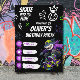 Cool Shark Skateboarding Birthday Invitation