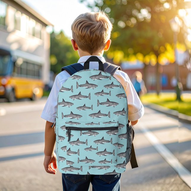 Cool Sharks Blue Ocean School Printed Backpack (Cute shark pattern backpack.)
