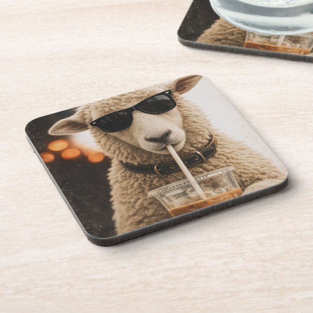Cool Sheep Drinking Iced Coffee Coaster (Left Side)
