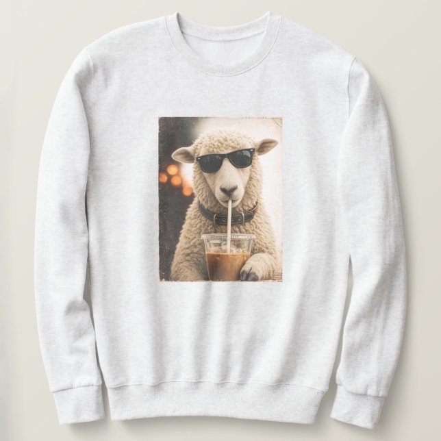 Cool Sheep Drinking Iced Coffee Sweatshirt (Design Front)