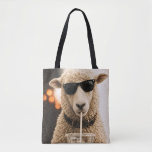 Cool Sheep Drinking Iced Coffee Tote Bag