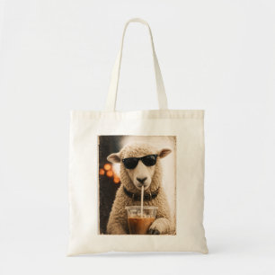 Cool Sheep Drinking Iced Coffee Tote Bag