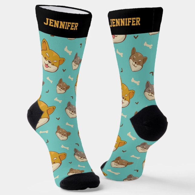 Cool Shiba Inu Dog Cute Puppy Pattern Socks (Angled)