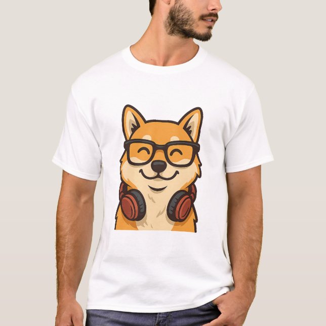 Cool Shiba Inu with Glasses & Headphones — Fun Dog T-Shirt (Front)