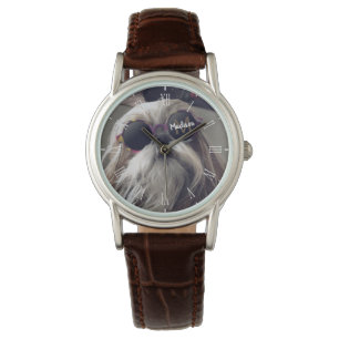 Cool Shih Tzu vintage retro glasses Photo Monogram Watch