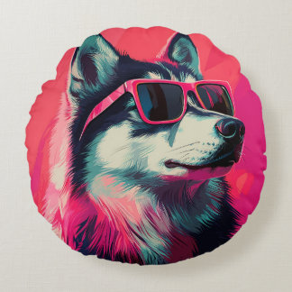 Cool Siberian Husky dog with sunglasses Round Pillow