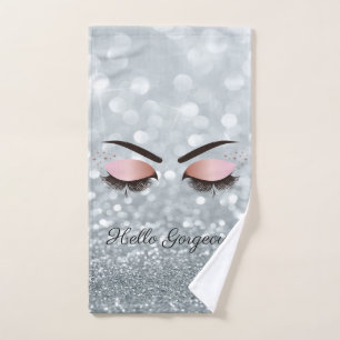 Cool Silver Glitter Bokeh,Faux Lashes Bath Towel Set