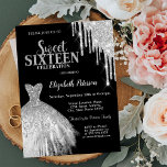 Cool Silver Glitter Drips,Dress Black Sweet 16 Invitation<br><div class="desc">Elegant silver dress and silver glitter drips on a black background.</div>