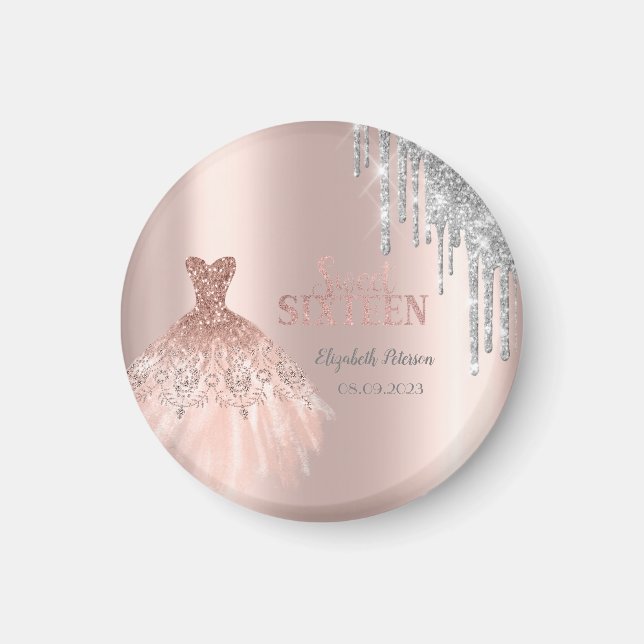 Cool Silver Glitter Drips,Dress Rose Gold  Magnet (Front)