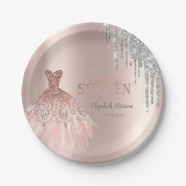 Cool Silver Glitter Drips,Dress Rose Gold Paper Plate (Front)