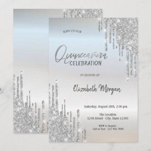 Cool Silver Glitter Drips Quinceañera Invitation