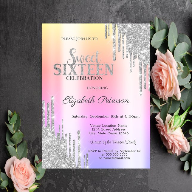 Cool Silver Glitter Drips Rose Gold  Sweet 16 Invitation (Creator Uploaded)