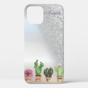 Cool Silver Glitter Ombre, Cactus iPhone 12 Case