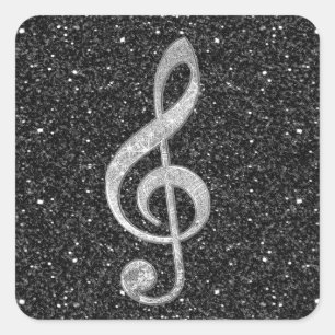 Cool silver glitter shining effects treble clef square sticker