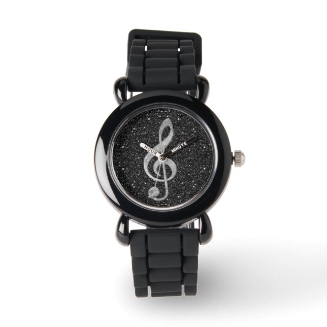 Cool silver glitter shining effects treble clef watch (Front)