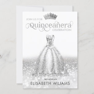 Cool Silver glittery dress tiara Quinceañera Invitation