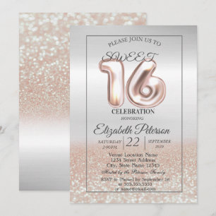 Cool Silver Rose Gold Bokeh Sweet 16 Party Invitation