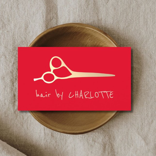 Cool Simple Red Faux Gold Scissors Hair Stylist Business Card (Creator Uploaded)