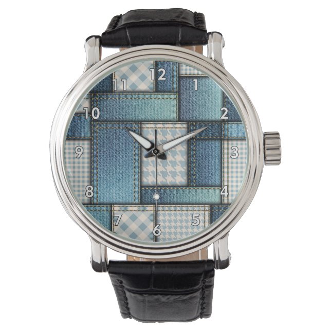 Cool Simulated Blue Denim Fabric Watch (Front)