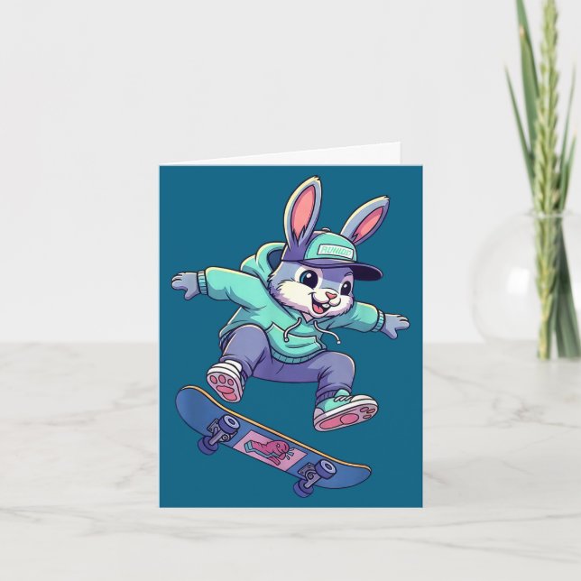 Cool skateboard bunny funny rabbit skating easter card (Front)