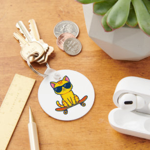 Cool Skateboarding Cat Wearing Sunglasses Cartoon Keychain