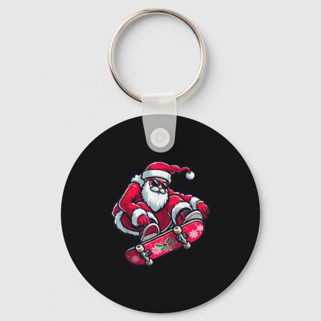 Cool Skateboarding Santa Claus Christmas Pajama Ki Keychain (Front)