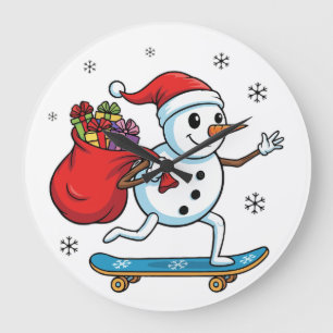 Cool Skateboarding Snowman Funny Christmas Skate Large Clock