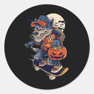 Cool Skateboarding Wolf Carrying A Halloween Pumpk Classic Round Sticker