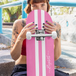 Cool Skater Girl Girly Pink White Racing Stripes Skateboard<br><div class="desc">Create your own custom, personalized, classic girly pink and white racing stripes, cool, stylish, classy elegant typography script, best quality hard-rock maple competition shaped skateboard deck. To customize, simply type in your name / monogram / initials. While you add / design, you'll be able to see a preview of your...</div>