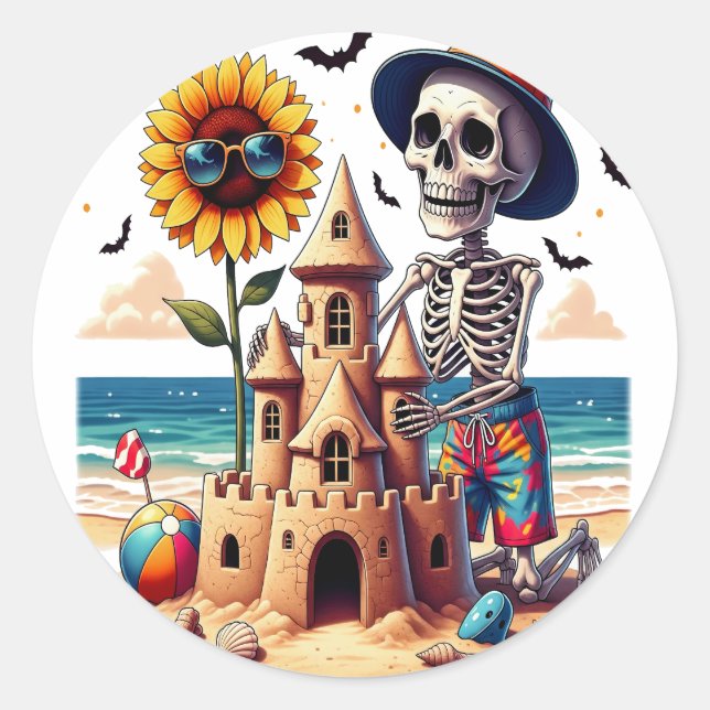 Cool Skeleton at the Beach Classic Round Sticker (Front)