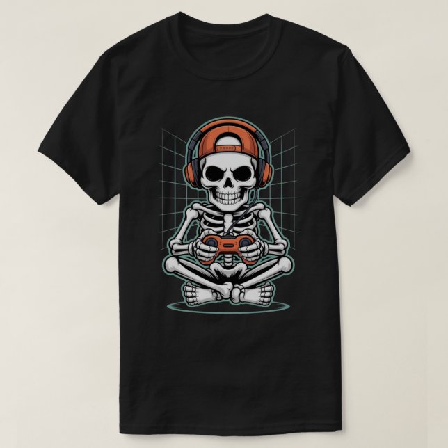 Cool Skeleton Gamer with Headset and Controller T-Shirt (Design Front)